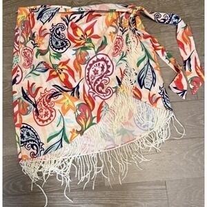 Plus Size 0X‎ Tropical Floral Wrap Sarong Skirt Beaded Fringe Cover Up Boho
